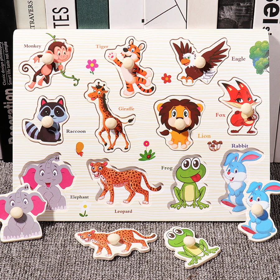 Montessori Wooden Hand Grab Boards Tangram Jigsaw Baby Educational Cartoon Vehicle Animals Fruits 3D Puzzles Early Education