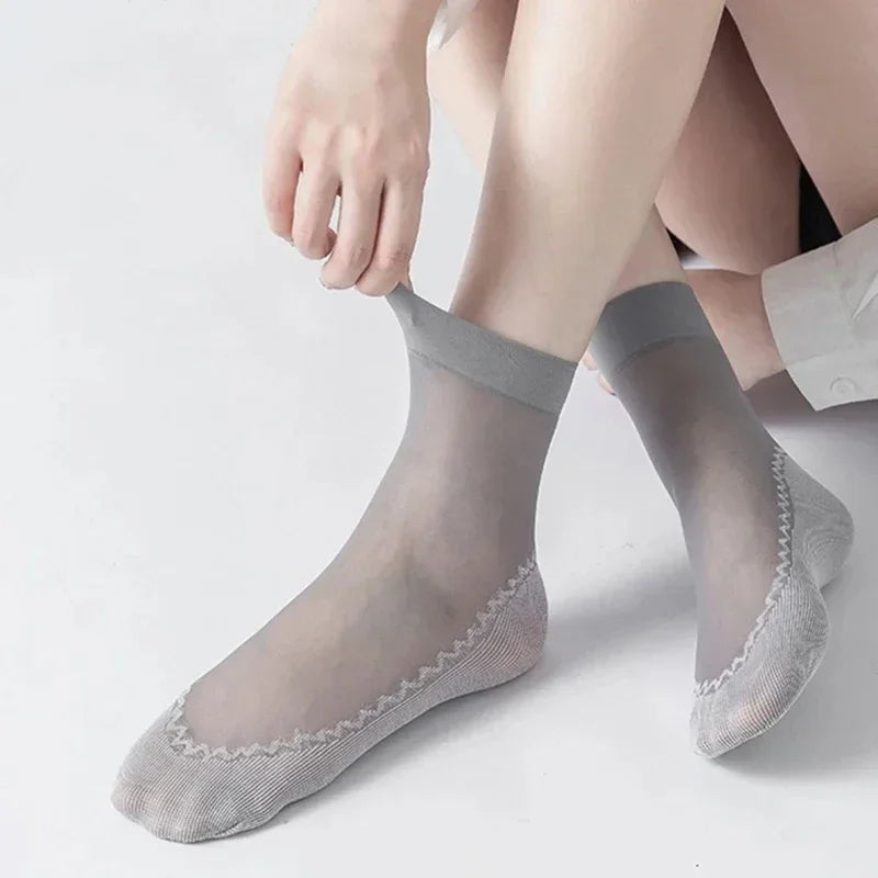 1/10pairs Lace Ultrathin Socks Women Summer Breathable Silk Socks Female Mesh Elastic Non-Slip Bottom Splice Ankle Short Sox