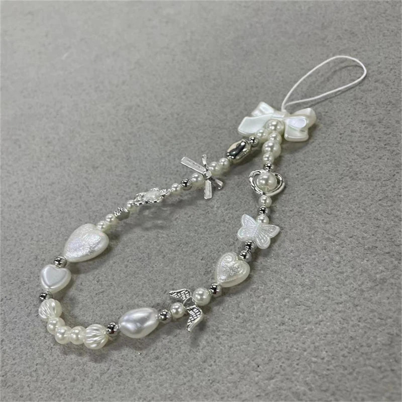 Beaded Phone Chain Charm Lanyard for iPhone Samsung, Cute Baroque White Bow, Flower Charm, Universal Accessories Jewelry Pendant