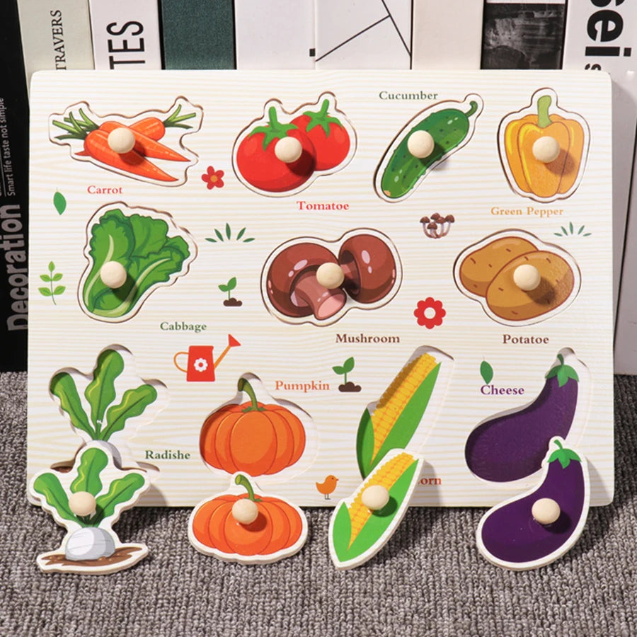 Montessori Wooden Hand Grab Boards Tangram Jigsaw Baby Educational Cartoon Vehicle Animals Fruits 3D Puzzles Early Education