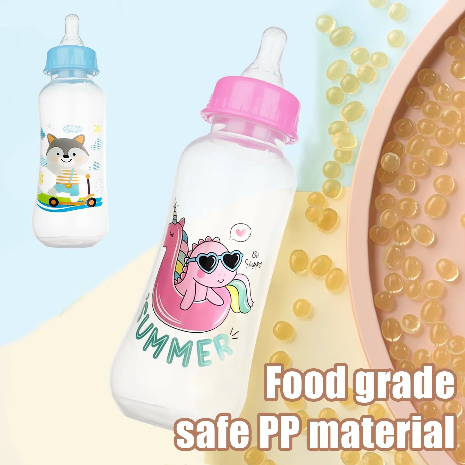 250ml newborn baby bottle, drop-proof and leak-proof baby cartoon PP bottle, safe, durable baby feeding bottle, BPA-free