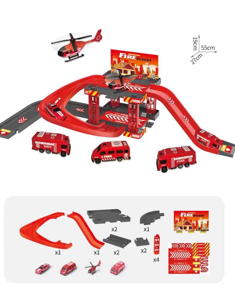 Children's Track Parking Lot Fire Truck Police Engineering Vehicle Dinosaur Car Toys Multi-Storey Car Parking Building For boys