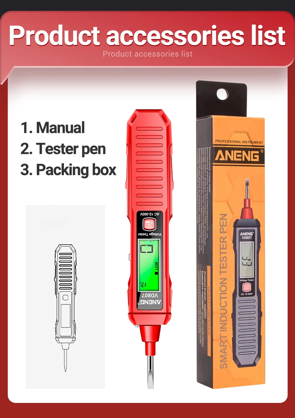 ANENG VD807 One-word Induction Portable 50/60Hz Smart Electric Pen Tester NCV Sensor AC 12-300V Non-contact Wire Detector Tools