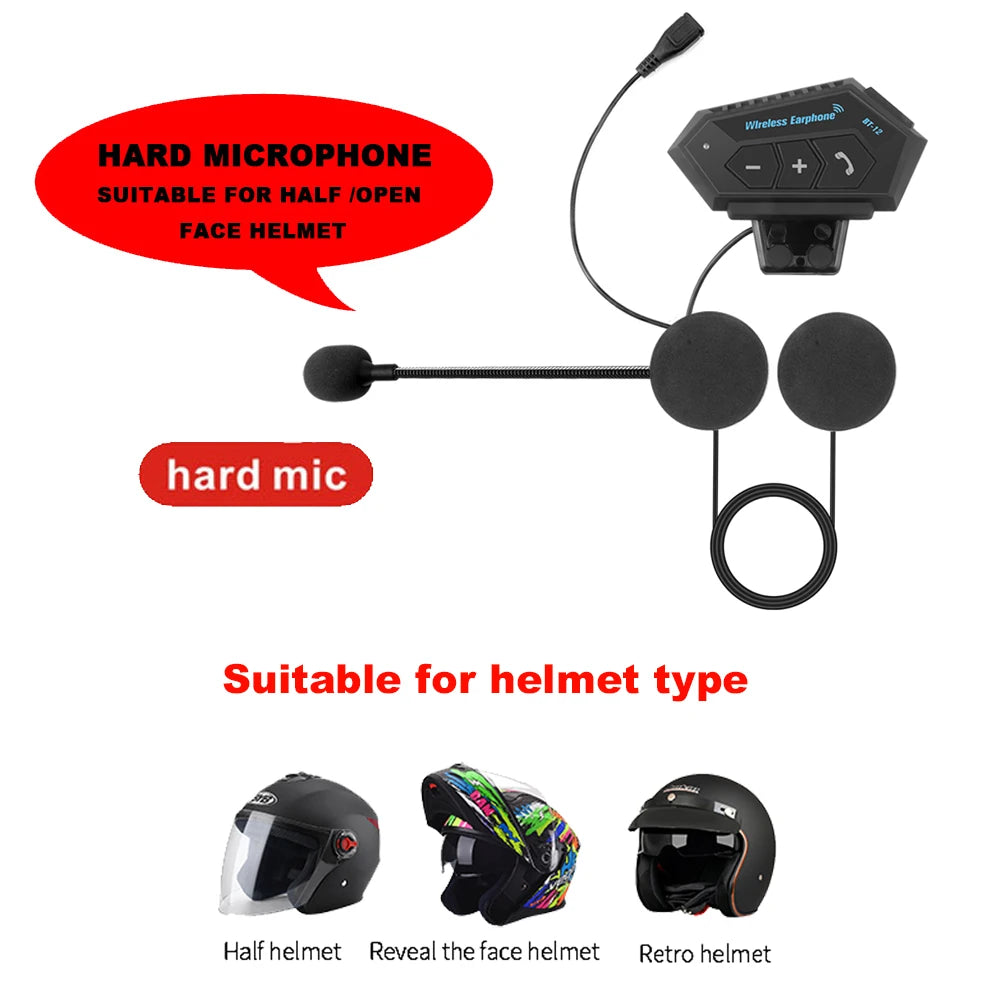 BT12 Motorcycle Helmet Headset Stereo Bluetooth Earphone Wireless Handsfree Mic Headphones Music Player For Motorbike Rider