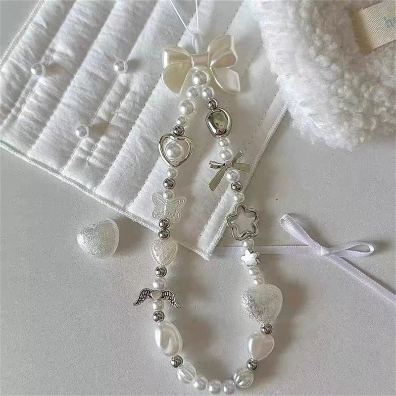 Beaded Phone Chain Charm Lanyard for iPhone Samsung, Cute Baroque White Bow, Flower Charm, Universal Accessories Jewelry Pendant