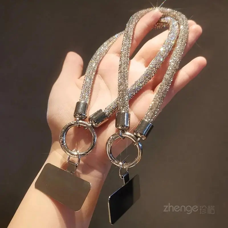 1pcs Short Full Diamond Mobile Phone Lanyard Women's Small Fragrant Wind Short Wrist Case Universal Anyard Metal Clip Lanyard DY