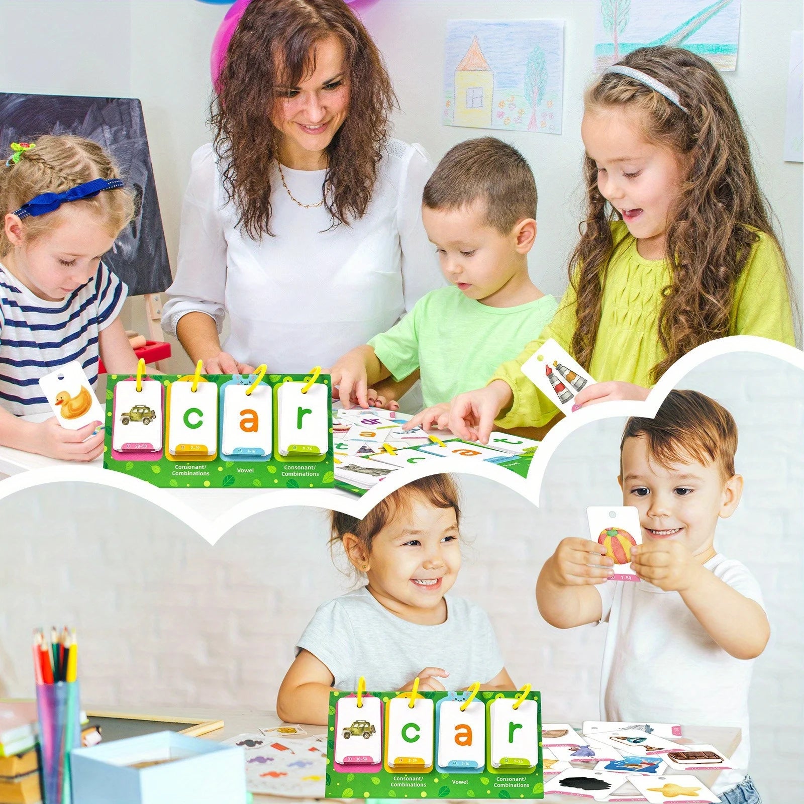 Kids CVC Words Flashcards Phonics Flip Chart Word Builder Sight Words Activity Learning Tool Speech Therapy Special Education