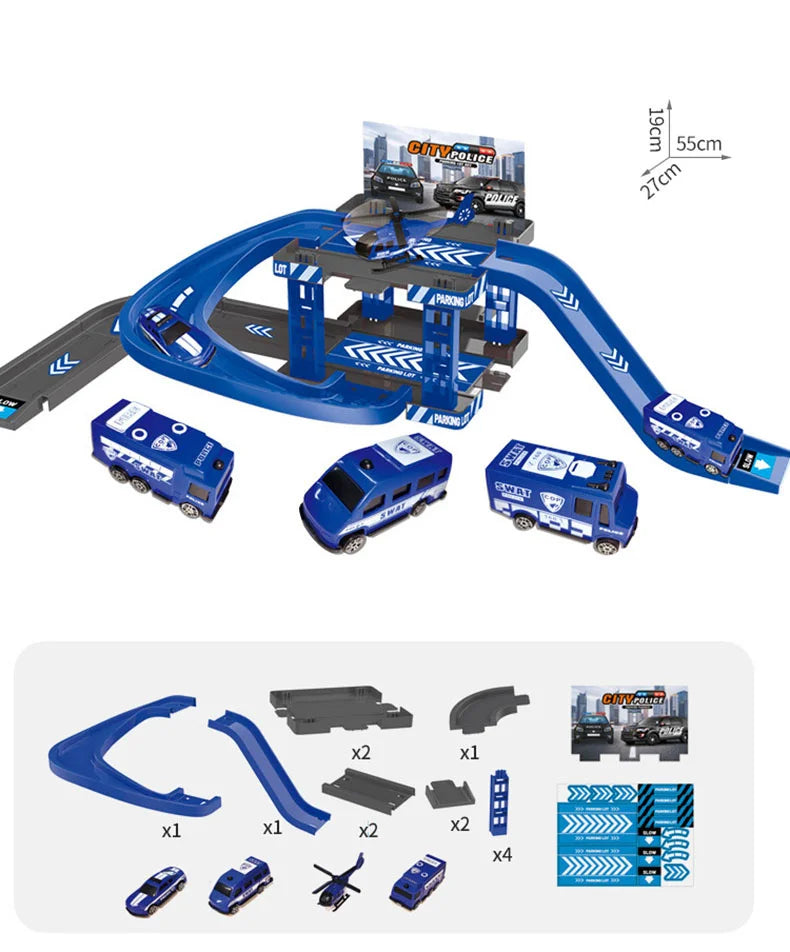 Children's Track Parking Lot Fire Truck Police Engineering Vehicle Dinosaur Car Toys Multi-Storey Car Parking Building For boys