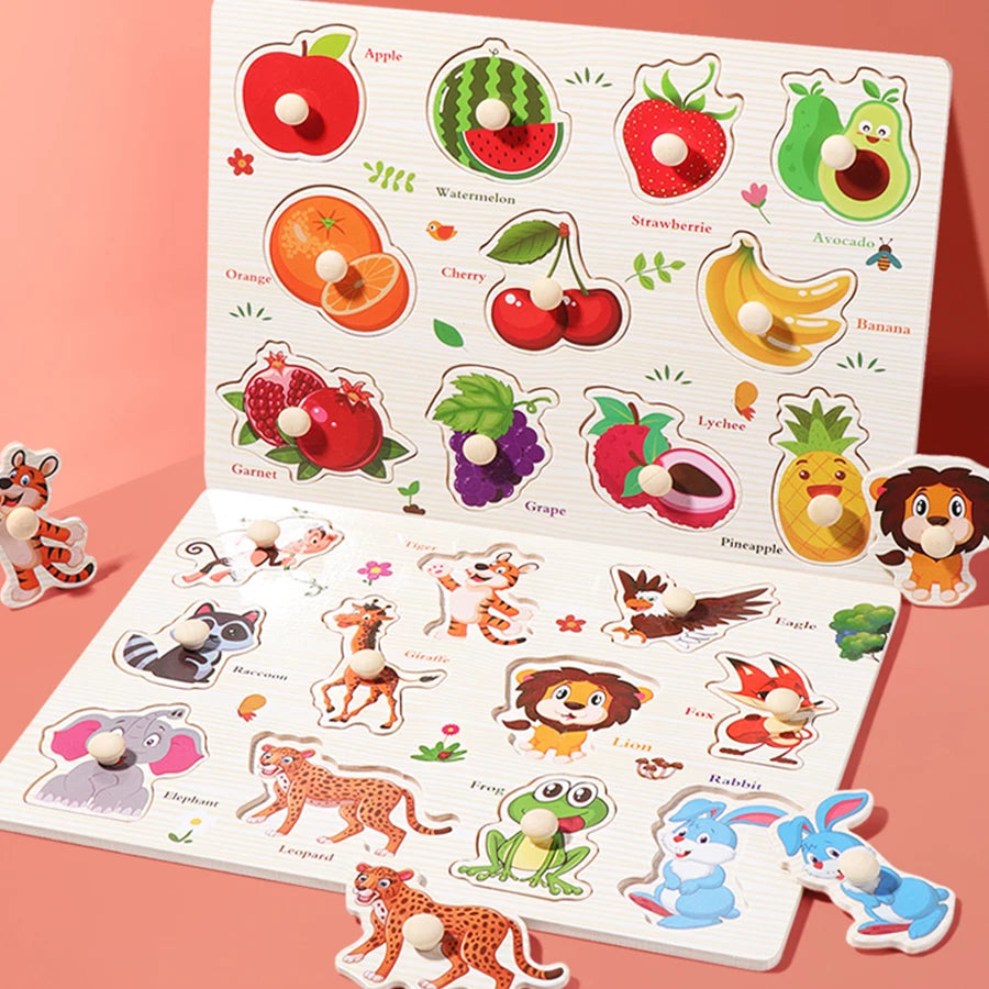 Montessori Wooden Hand Grab Boards Tangram Jigsaw Baby Educational Cartoon Vehicle Animals Fruits 3D Puzzles Early Education