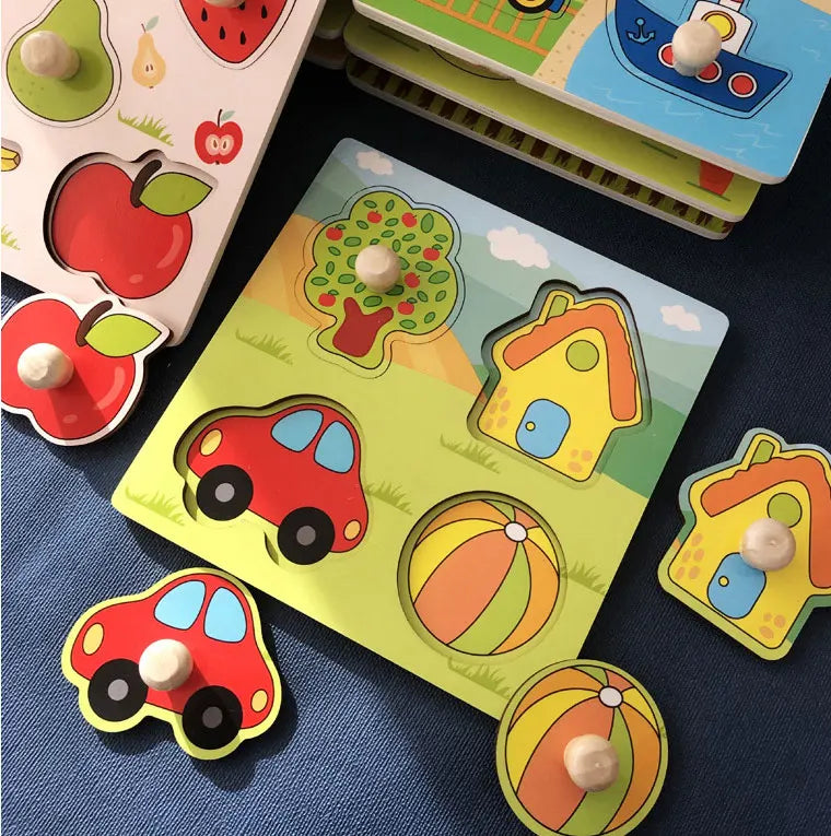 Baby Wooden Puzzles Montessori Toys 1 2 3 Years Toddler Toys Hand Grab Board Alphabet Number Cognition Learning Educational Toys