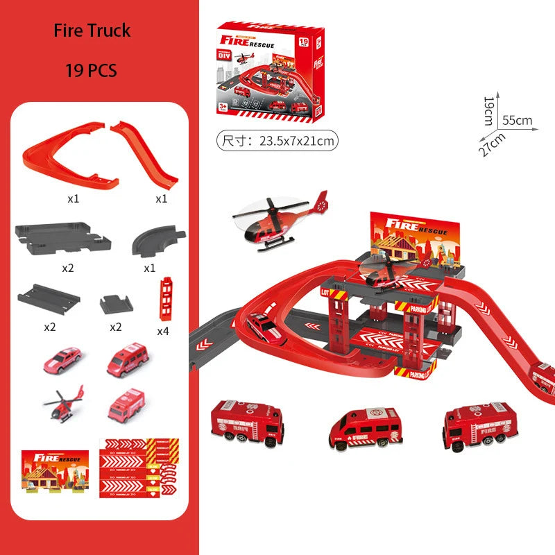 Children's Track Parking Lot Fire Truck Police Engineering Vehicle Dinosaur Car Toys Multi-Storey Car Parking Building For boys