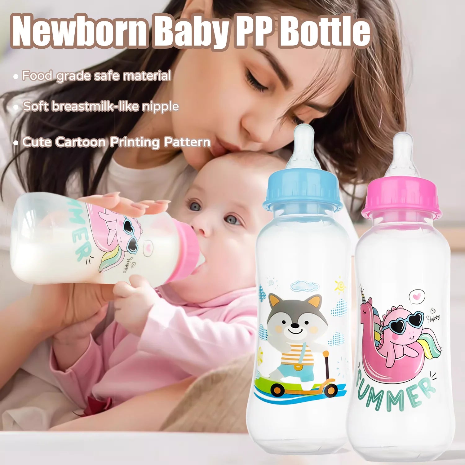 250ml newborn baby bottle, drop-proof and leak-proof baby cartoon PP bottle, safe, durable baby feeding bottle, BPA-free