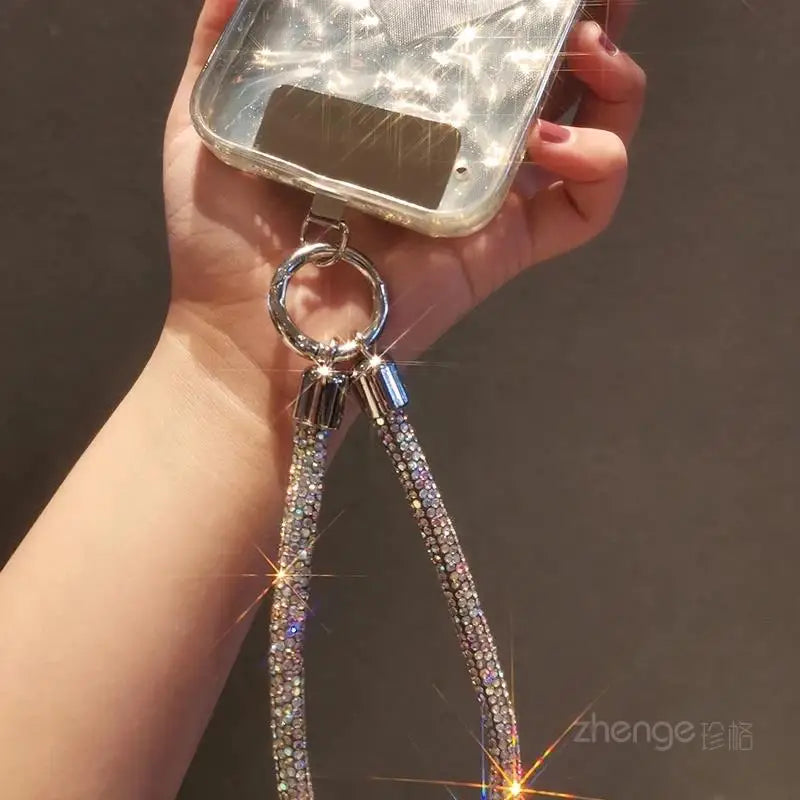 1pcs Short Full Diamond Mobile Phone Lanyard Women's Small Fragrant Wind Short Wrist Case Universal Anyard Metal Clip Lanyard DY