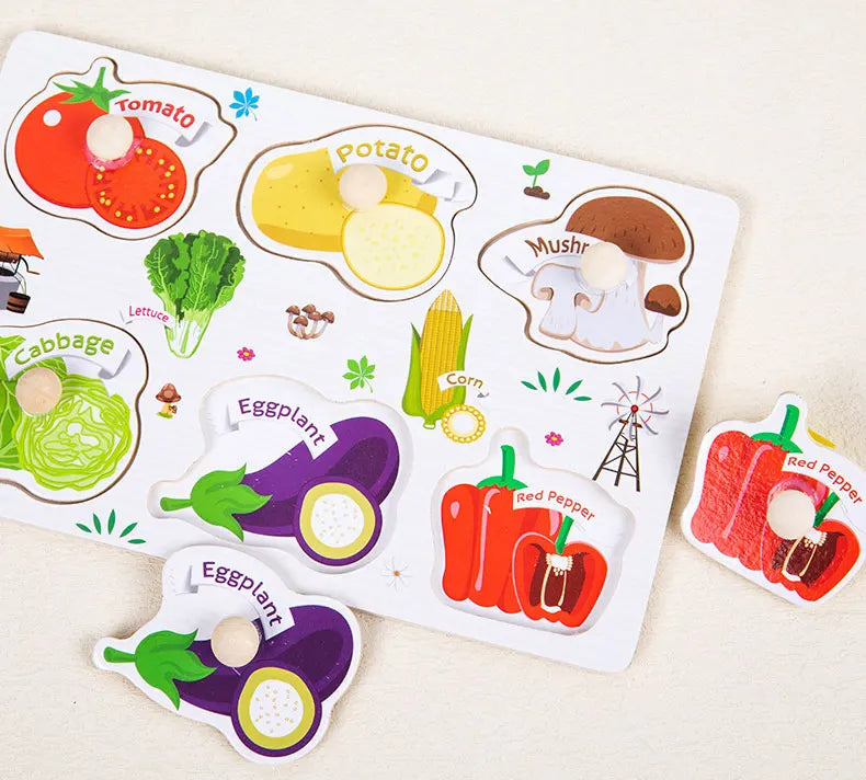 Baby Wooden Puzzles Montessori Toys 1 2 3 Years Toddler Toys Hand Grab Board Alphabet Number Cognition Learning Educational Toys