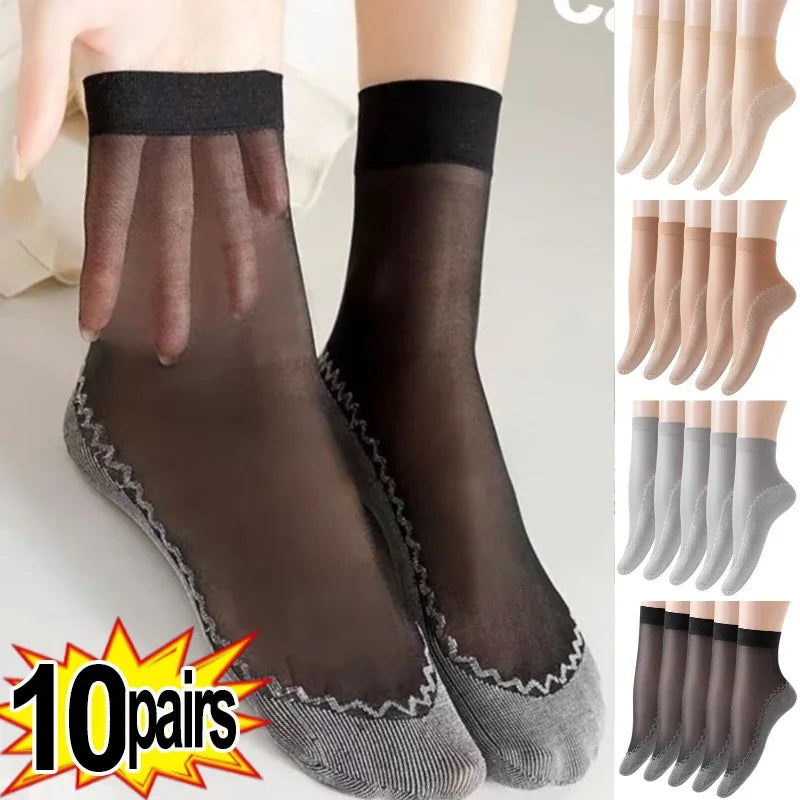 1/10pairs Lace Ultrathin Socks Women Summer Breathable Silk Socks Female Mesh Elastic Non-Slip Bottom Splice Ankle Short Sox