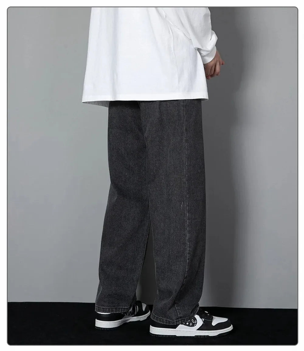 Korean Solid Colors Men's Casual Long Jeans Classic Man Four Seasons Straight Denim Wide-leg Pants Light Blue Grey Black 3XL