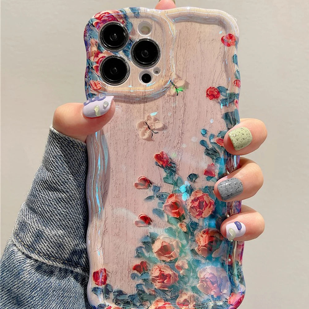 Retro Oil Painting Phone Case For iPhone 14 ProMax 15 13 12 16 Pro Luxury Flower Print Shockproof Silicone Cover Artistic Decor