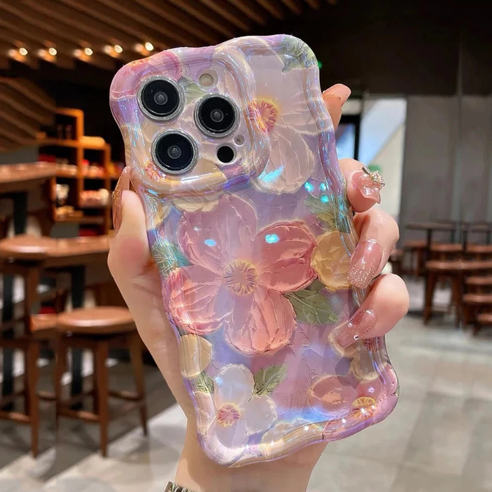 Retro Oil Painting Phone Case For iPhone 14 ProMax 15 13 12 16 Pro Luxury Flower Print Shockproof Silicone Cover Artistic Decor