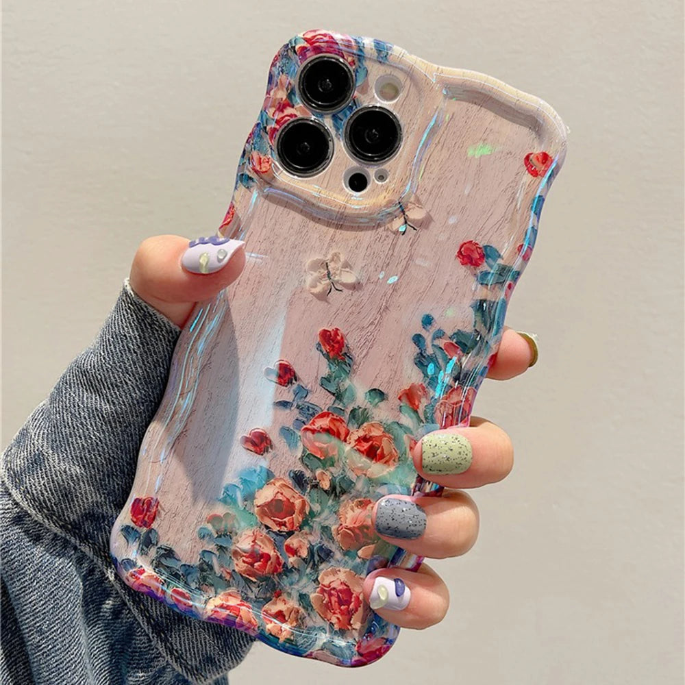 Retro Oil Painting Phone Case For iPhone 14 ProMax 15 13 12 16 Pro Luxury Flower Print Shockproof Silicone Cover Artistic Decor