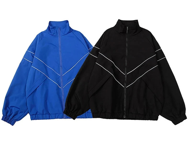 Reflective Striped Jacket 2023 Men Hip Hop Streetwear Coat Zipper Up Jacket Windbreaker Harajuku Thin Coats Sports Black Blue