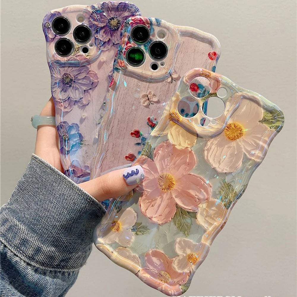 Retro Oil Painting Phone Case For iPhone 14 ProMax 15 13 12 16 Pro Luxury Flower Print Shockproof Silicone Cover Artistic Decor