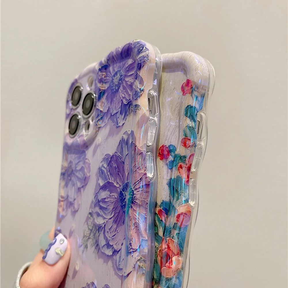 Retro Oil Painting Phone Case For iPhone 14 ProMax 15 13 12 16 Pro Luxury Flower Print Shockproof Silicone Cover Artistic Decor
