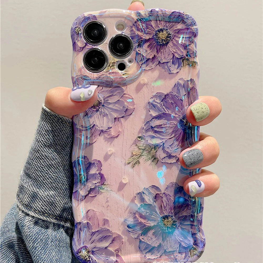 Retro Oil Painting Phone Case For iPhone 14 ProMax 15 13 12 16 Pro Luxury Flower Print Shockproof Silicone Cover Artistic Decor