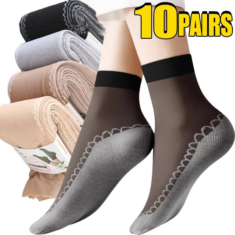 1/10pairs Lace Ultrathin Socks Women Summer Breathable Silk Socks Female Mesh Elastic Non-Slip Bottom Splice Ankle Short Sox