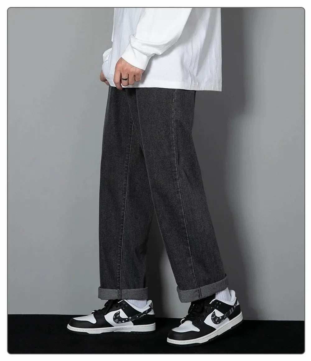 Korean Solid Colors Men's Casual Long Jeans Classic Man Four Seasons Straight Denim Wide-leg Pants Light Blue Grey Black 3XL