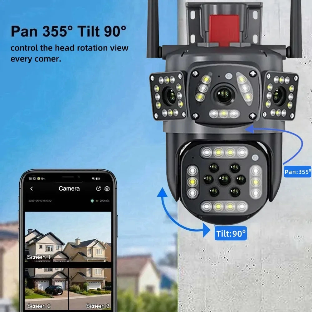 6K 12MP WiFi Surveillance Camera Outdoor Three Lens Three Screen Protection Motion Detection PTZ IP Security Survalance Camera