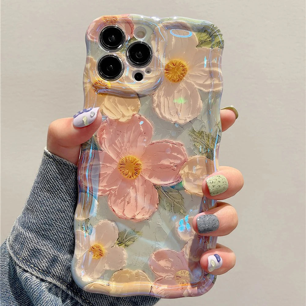Retro Oil Painting Phone Case For iPhone 14 ProMax 15 13 12 16 Pro Luxury Flower Print Shockproof Silicone Cover Artistic Decor