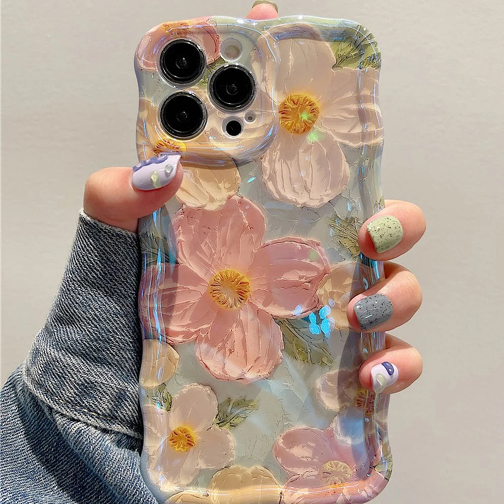 Retro Oil Painting Phone Case For iPhone 14 ProMax 15 13 12 16 Pro Luxury Flower Print Shockproof Silicone Cover Artistic Decor